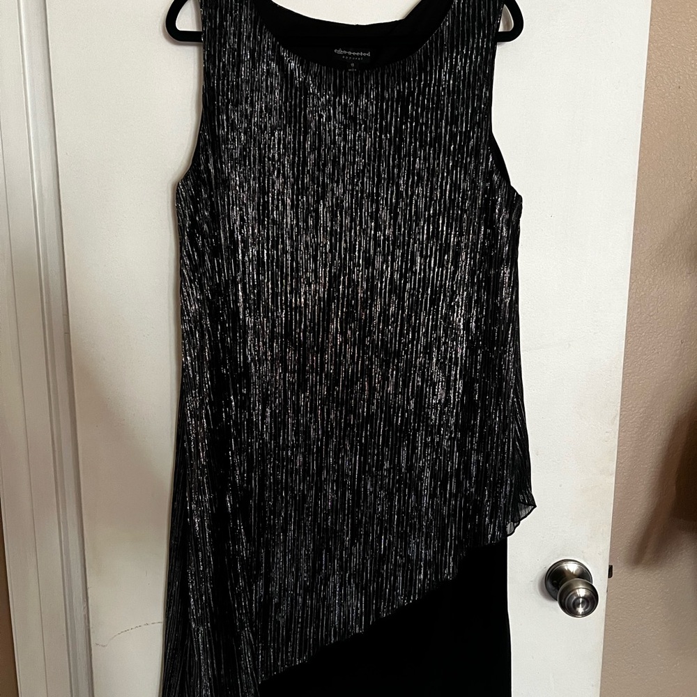Connected Apparel Metallic Black Asymmetrical Dress